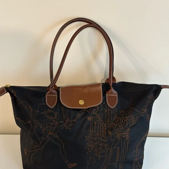 limited-edition Longchamp Le Pliage embroidered tote bag black and brown - Picture 4 of 12